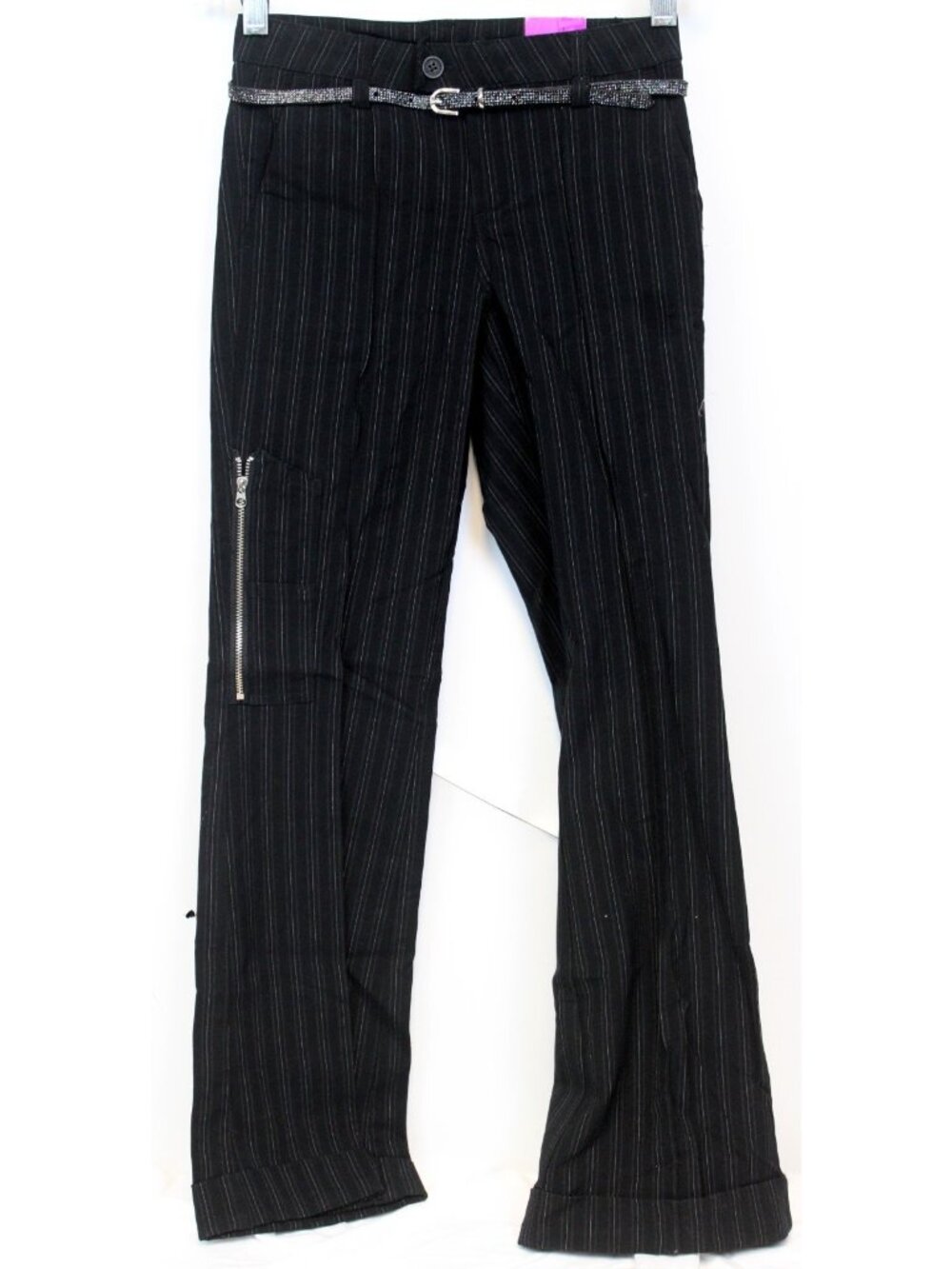Y2K Limited Too Black Pinkstriped Pants sz 10 Slim Trendy Preppy Belt Zip Pocket